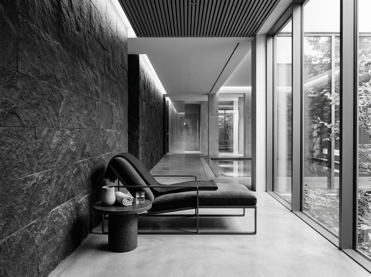 Black and white view of the salon interior with tall windows